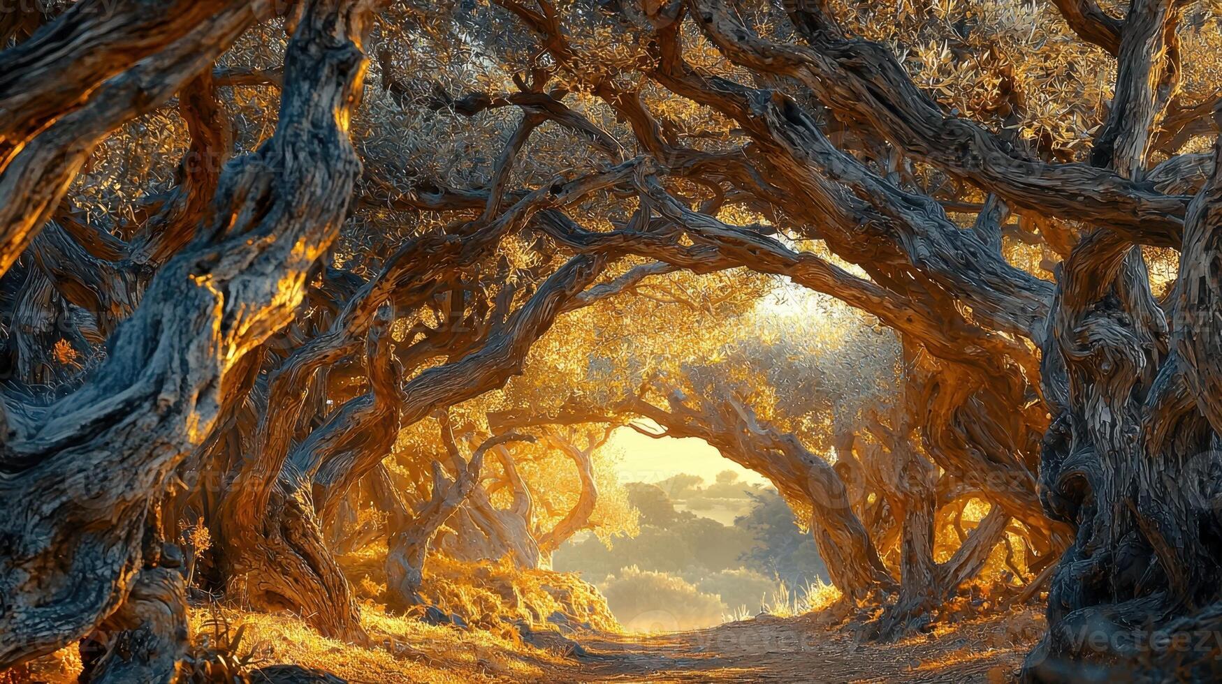 An image of a tree tunnel with a sun shining through it photo