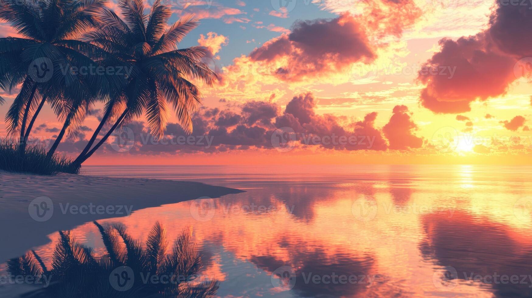 Vibrant sunset casts warm hues on a peaceful beach, where palm trees stand tall beside the shore. Soft waves gently lap at the sand, creating a serene atmosphere photo