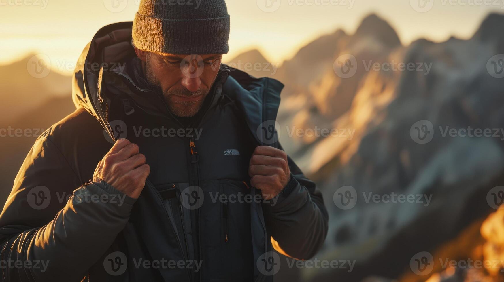 A man in a jacket and hat standing on a mountain photo