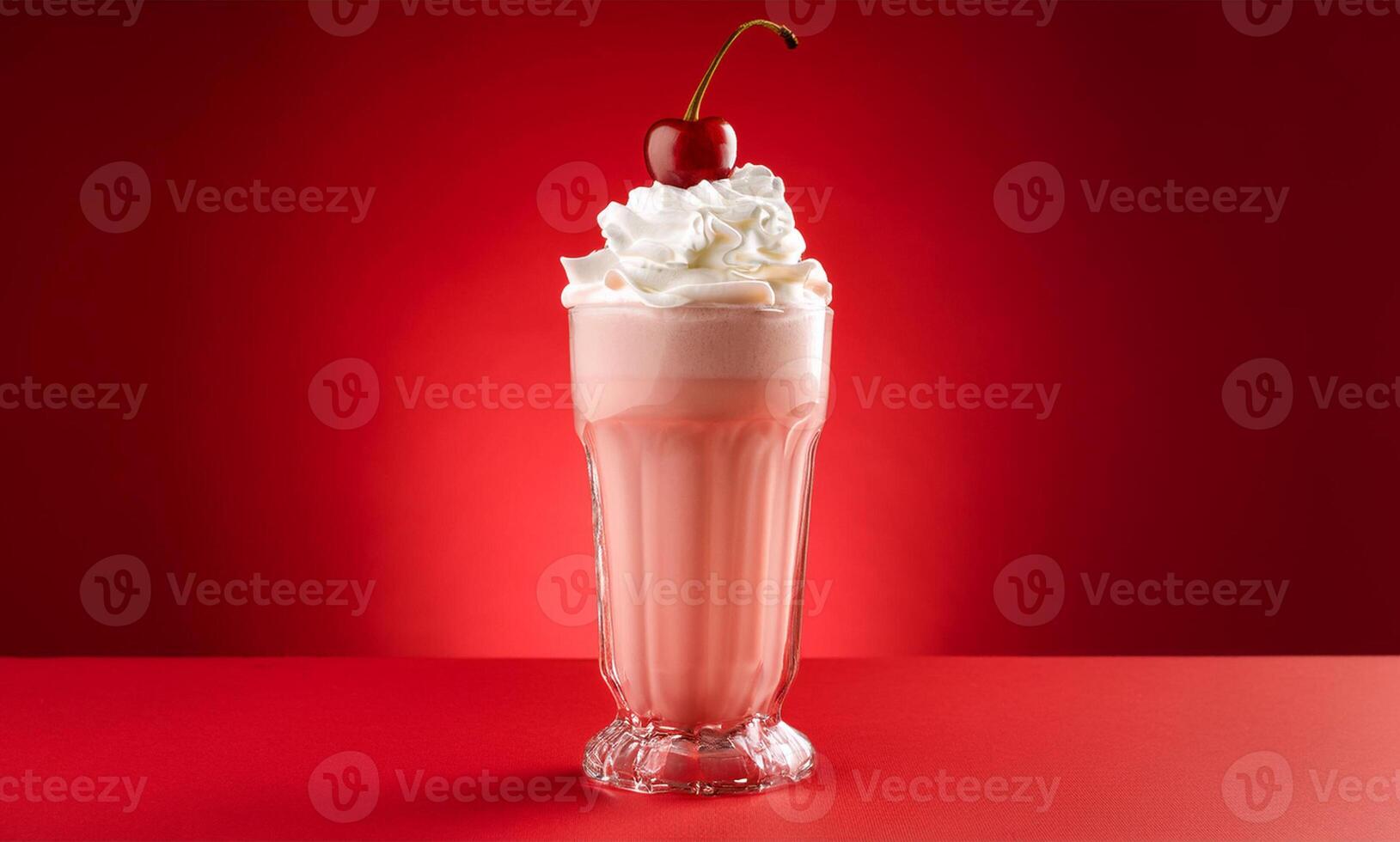 A milkshake with whipped cream and cherry on a red background photo