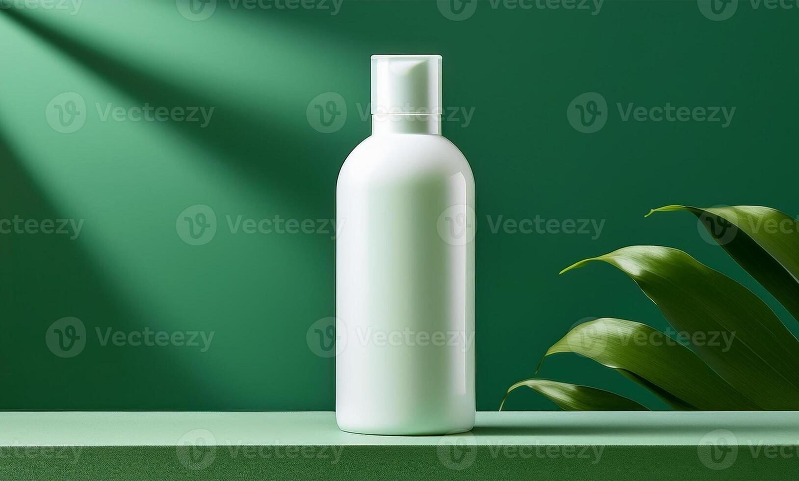 A bottle of shampoo and a green plant photo