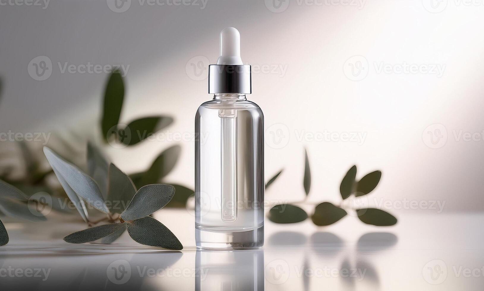 A bottle of clear liquid sitting on a table with eucalyptus leaves photo