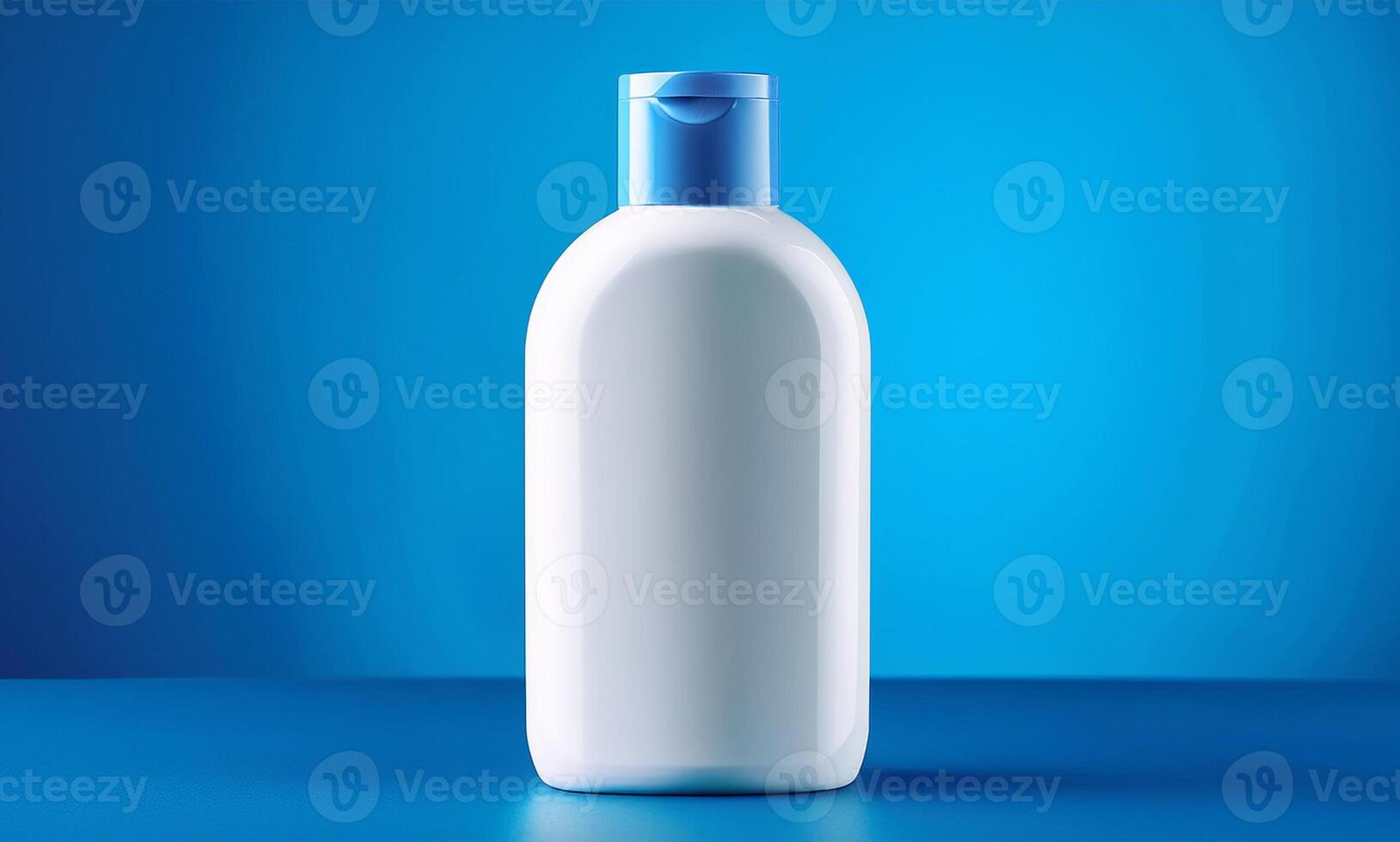A white plastic bottle with a blue lid on a blue background photo