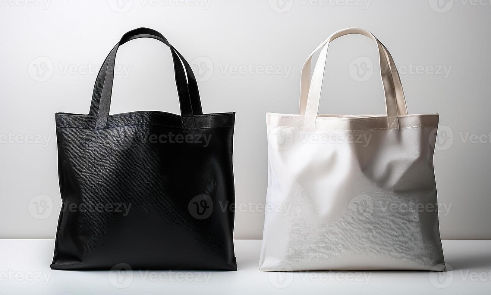 Two black and white tote bags on a white surface photo
