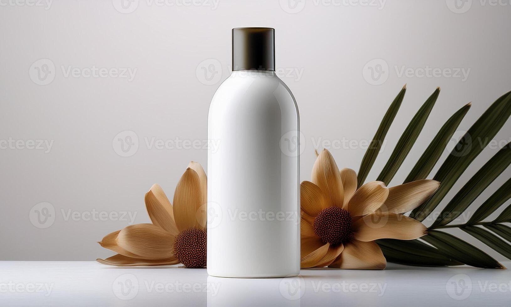 A bottle of lotion and flowers on a table photo