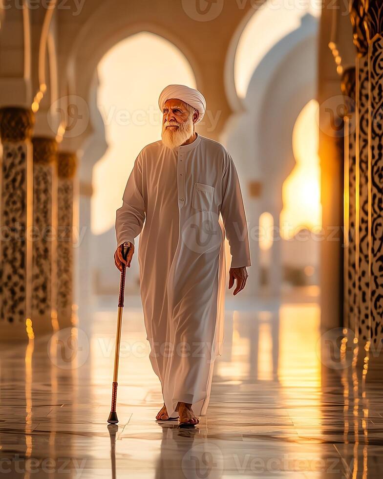 Elderly man in traditional attire walks through ornate arches of a grand mosque at sunset, symbolizing spirituality and reflection. photo