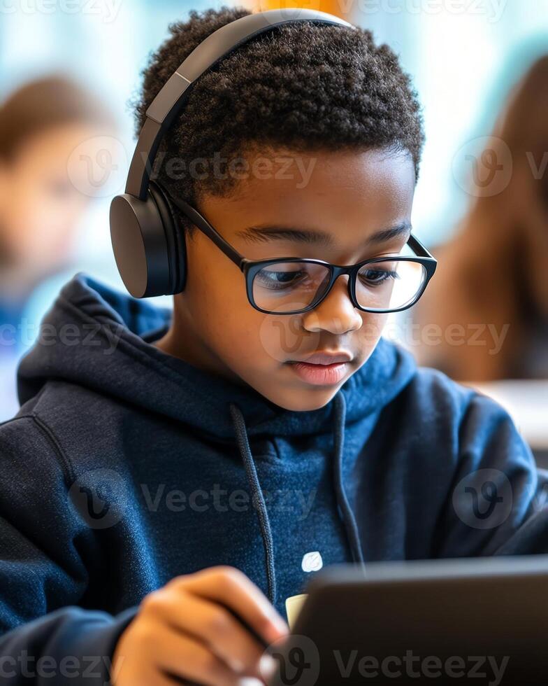 Focused child wearing headphones, using tablet in classroom. Education and technology blending seamlessly in modern learning environment. photo