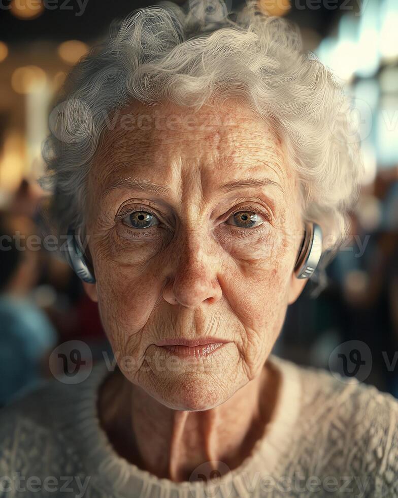 Elderly woman with headphones in a cozy setting, exuding wisdom and tranquility, focusing intently. photo