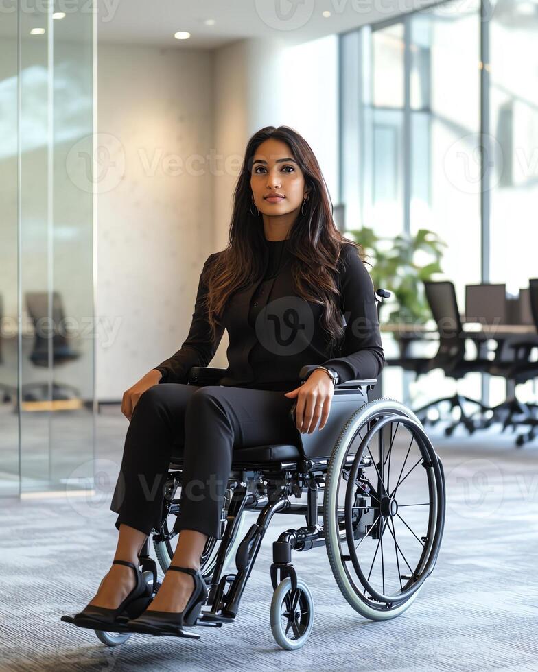 Confident professional in a wheelchair at modern office setting, surrounded by glass walls and natural light. photo