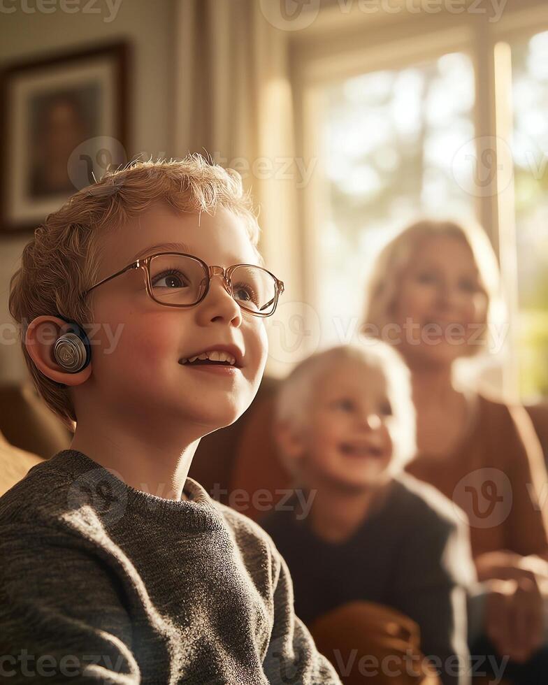 Joyful family moment with a smiling child wearing glasses and a hearing aid, bonding indoors during golden hour. photo
