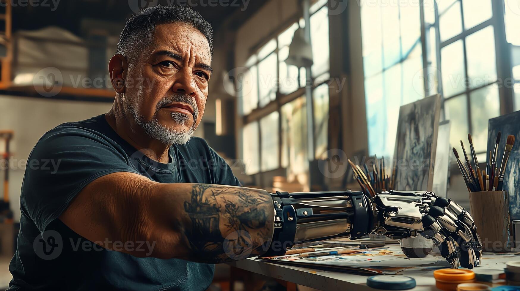 Elderly man with prosthetic arm working in artistic studio, surrounded by natural light and creative tools. photo