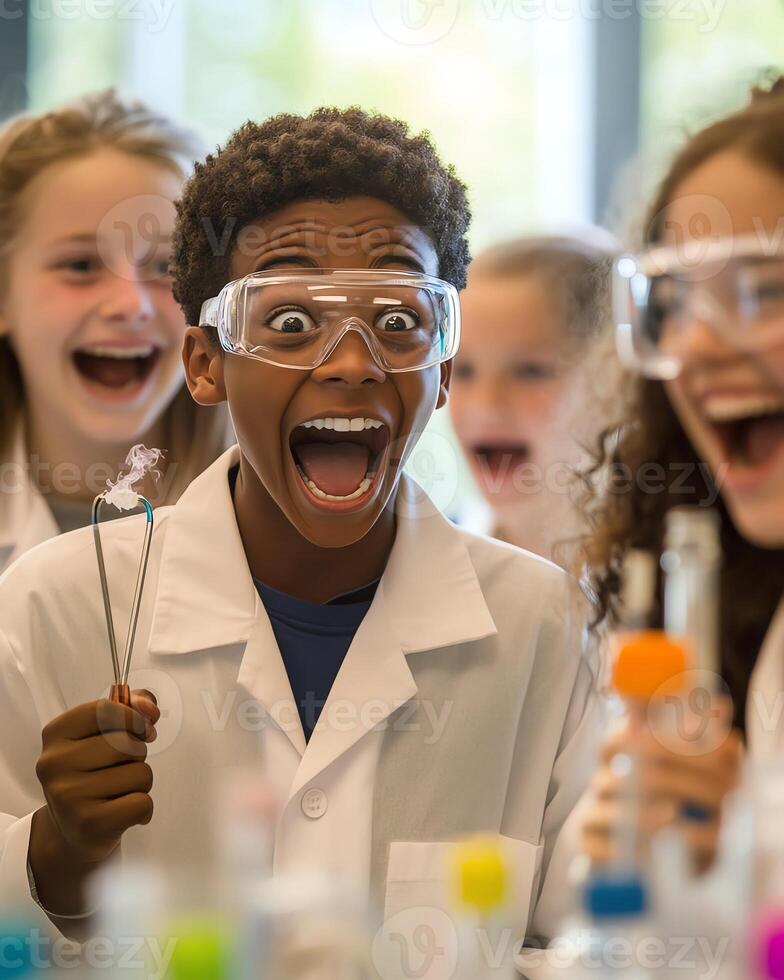 Excited children conducting science experiments in a classroom, wearing lab coats and safety goggles. photo
