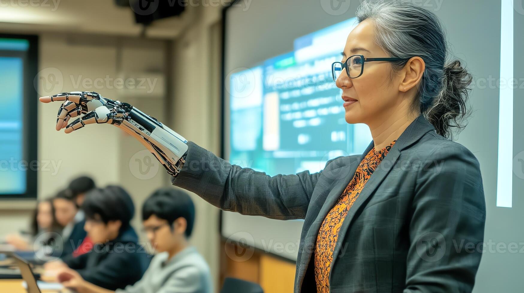 A teacher with a robotic arm points during a lecture, engaging students in a high-tech classroom environment. photo