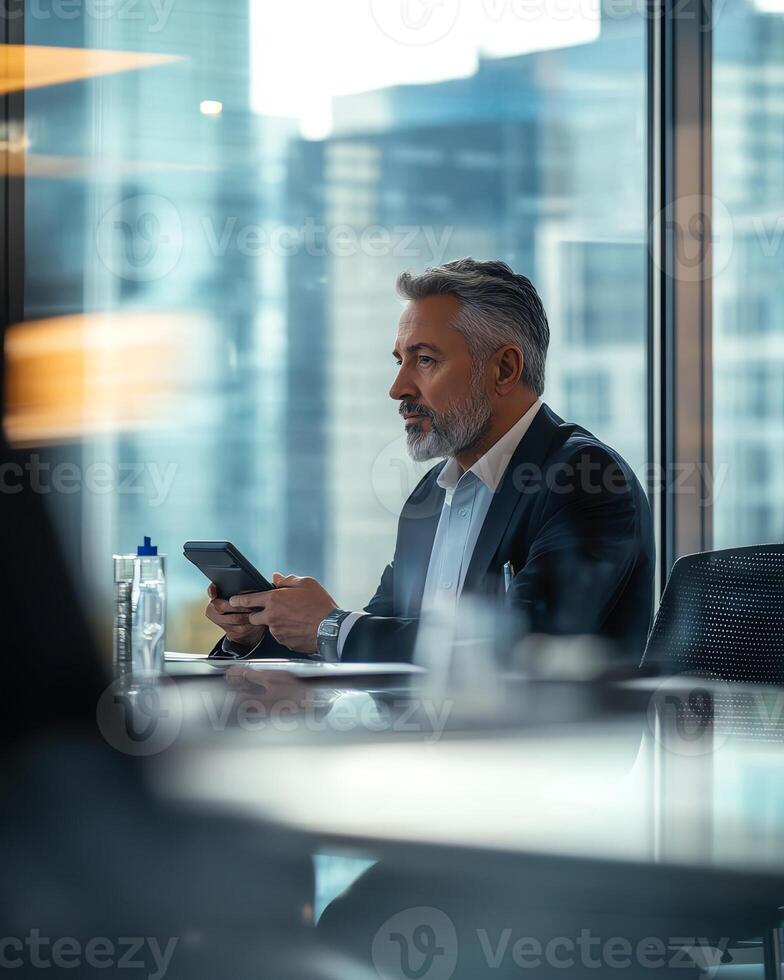 Businessman in modern office with a city view, using smartphone for work. Professional atmosphere in a corporate environment. photo