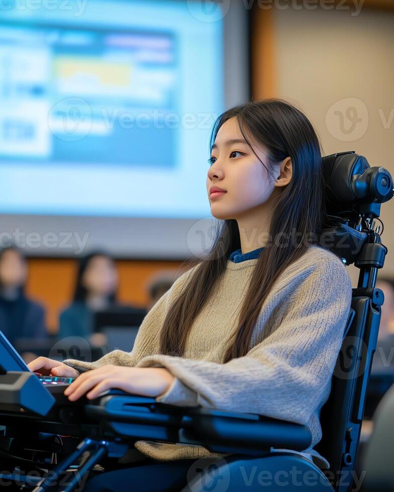 Focused person in a classroom setting, learning with technology, illustrating education inclusivity. photo