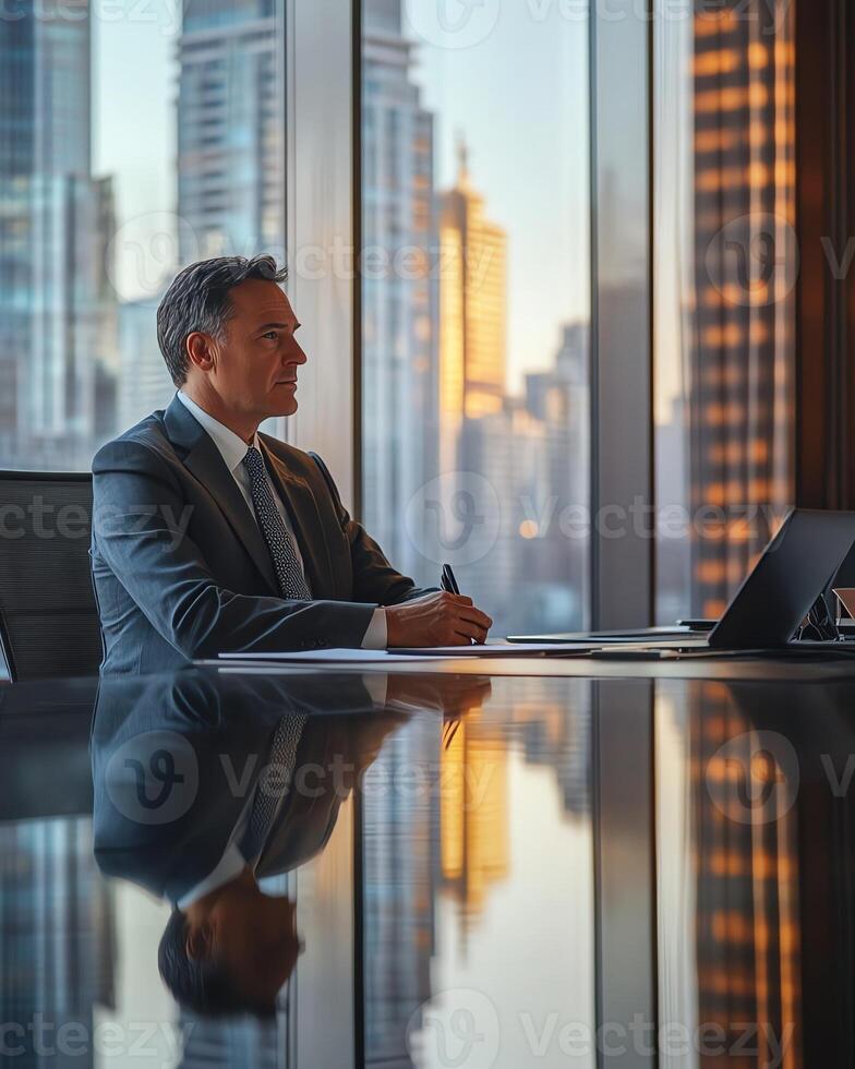 Businessman in a modern office, reflecting cityscape during sunset, illustrating corporate focus and ambition. photo