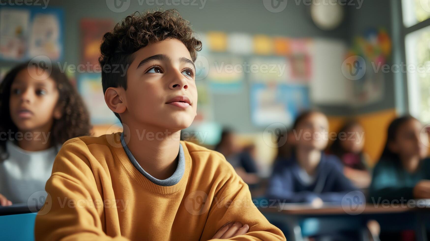 Focused child in classroom setting, looking attentive and engaged, surrounded by classmates in a bright learning environment. photo