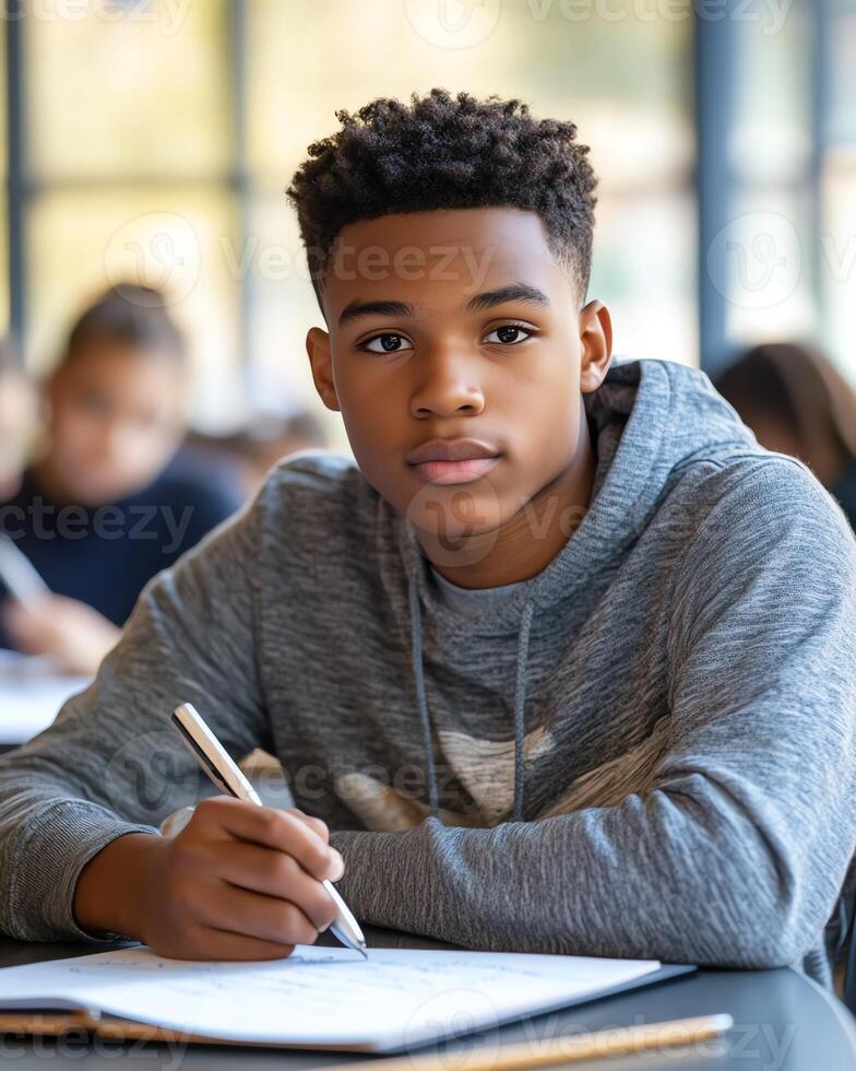 Focused student in a library, writing notes with concentration and determination in a vibrant, sunny study environment. photo