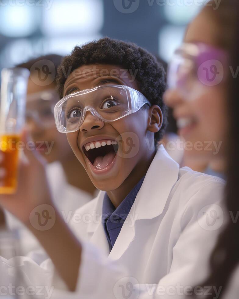 Excited young scientist in lab coat and goggles holding a beaker, exploring chemistry in a vibrant laboratory environment. photo