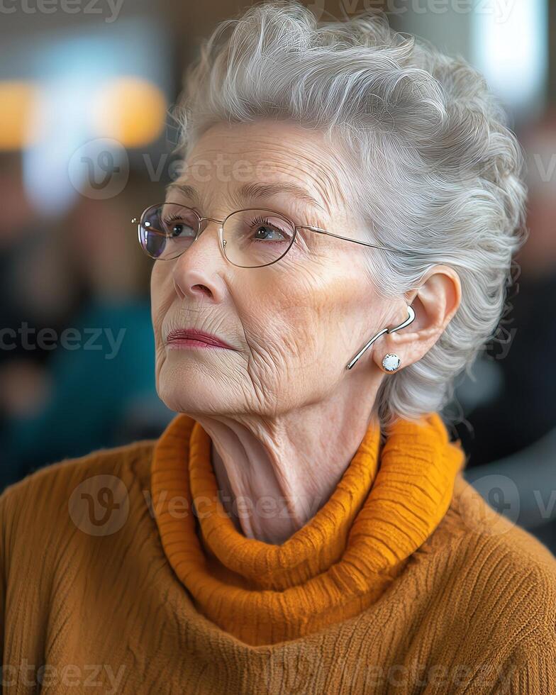 Elderly woman with grey hair and glasses wearing an orange sweater, looking contemplatively ahead in warm indoor lighting. photo