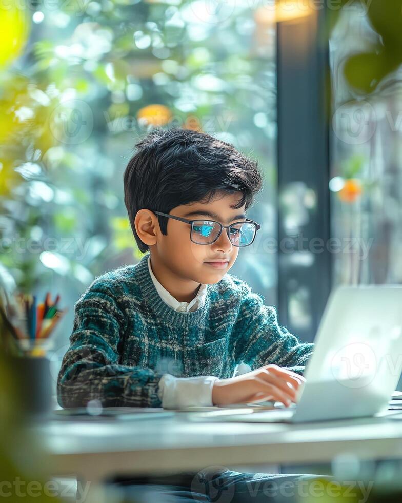 Young boy with glasses focused on using a laptop indoors, surrounded by greenery and soft lighting. photo