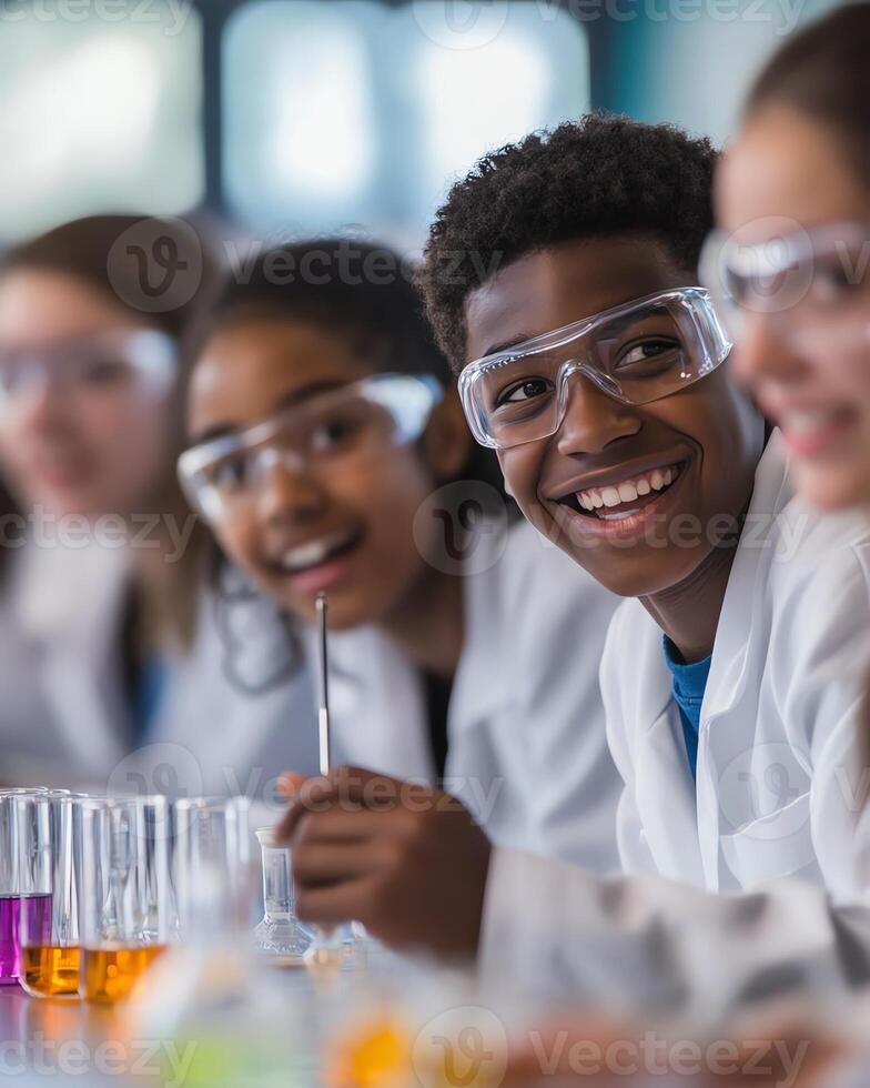 Students in lab coats and safety goggles conduct experiments, fostering curiosity and teamwork in a vibrant classroom setting. photo