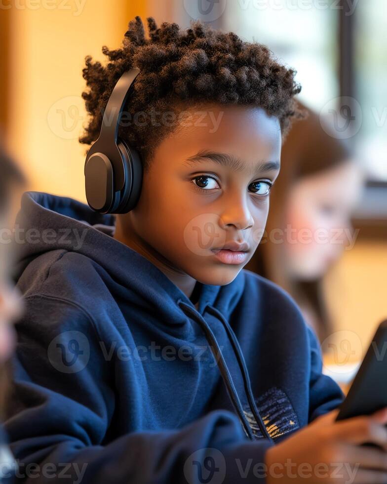 Young boy wearing headphones and a hoodie, focused on a tablet in a casual setting, showcasing modern technology and education. photo
