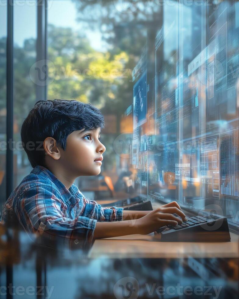 Young boy immersed in futuristic technology, exploring virtual screens in a modern setting. photo