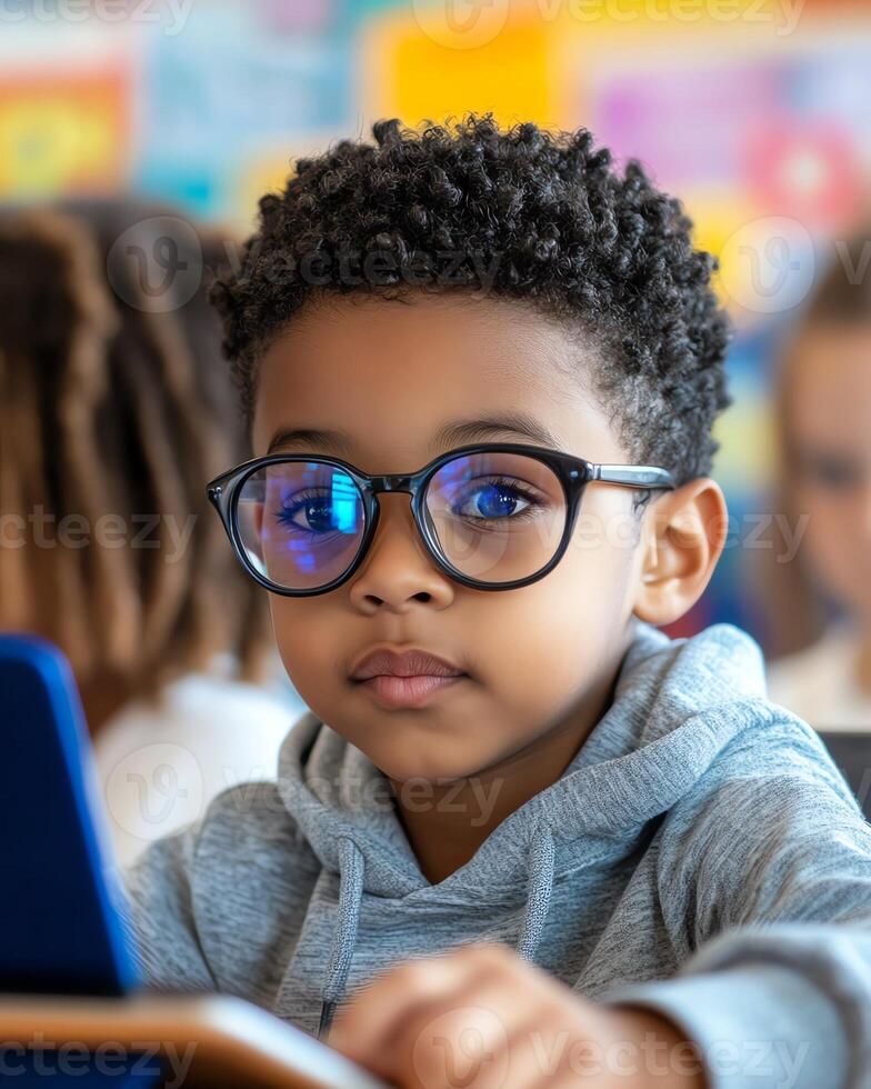 Young student with glasses focused on a tablet in a lively classroom setting, showcasing modern learning and technology's role in education. photo