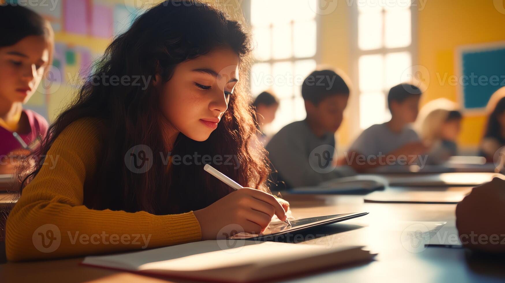 Young student focused on writing in a classroom setting with peers, basked in warm sunlight through windows. photo