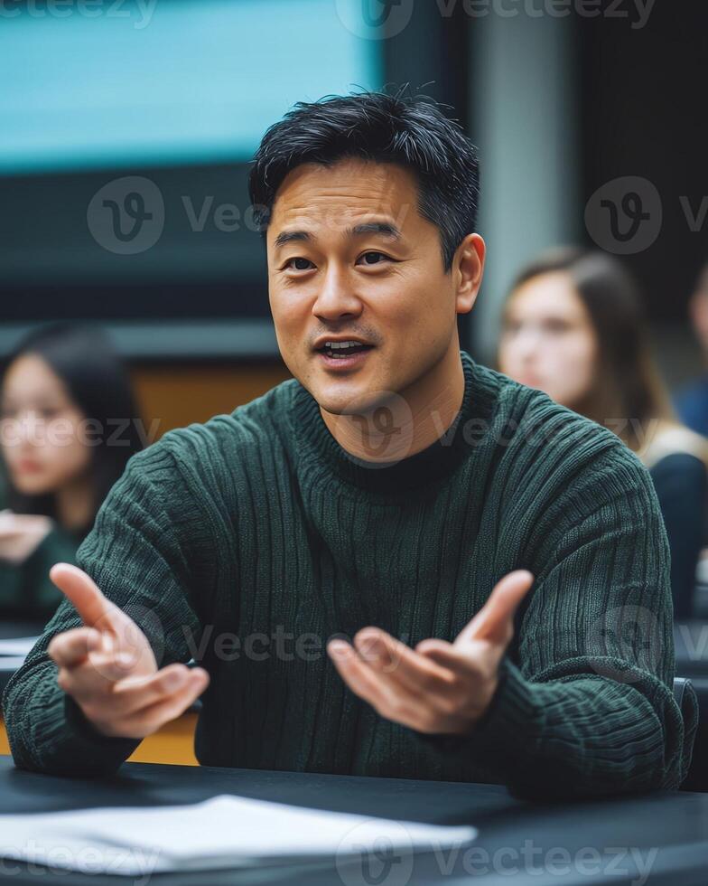 Man in casual sweater, gesturing while attentive, lively discussion setting with blurred background. photo