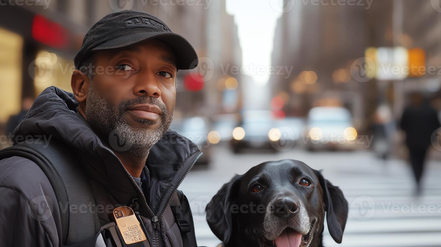 Man with a dog on a city street, capturing an urban lifestyle moment with a sense of companionship and adventure. photo