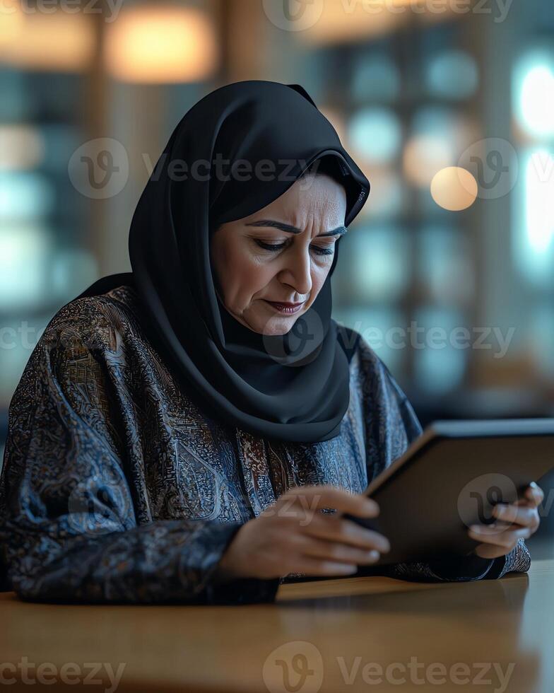 Woman in a hijab intently reading on a tablet at a cozy cafe, reflecting modern lifestyle and technology. photo
