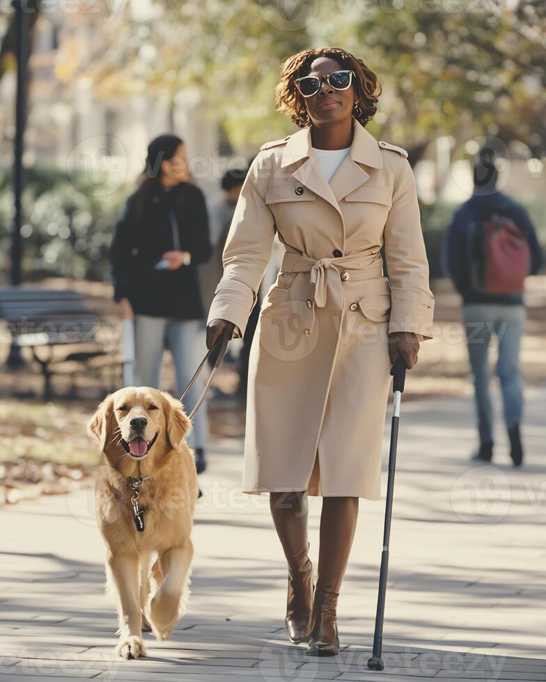 Woman confidently walks with her guide dog in a park, embracing the day with style and independence. photo