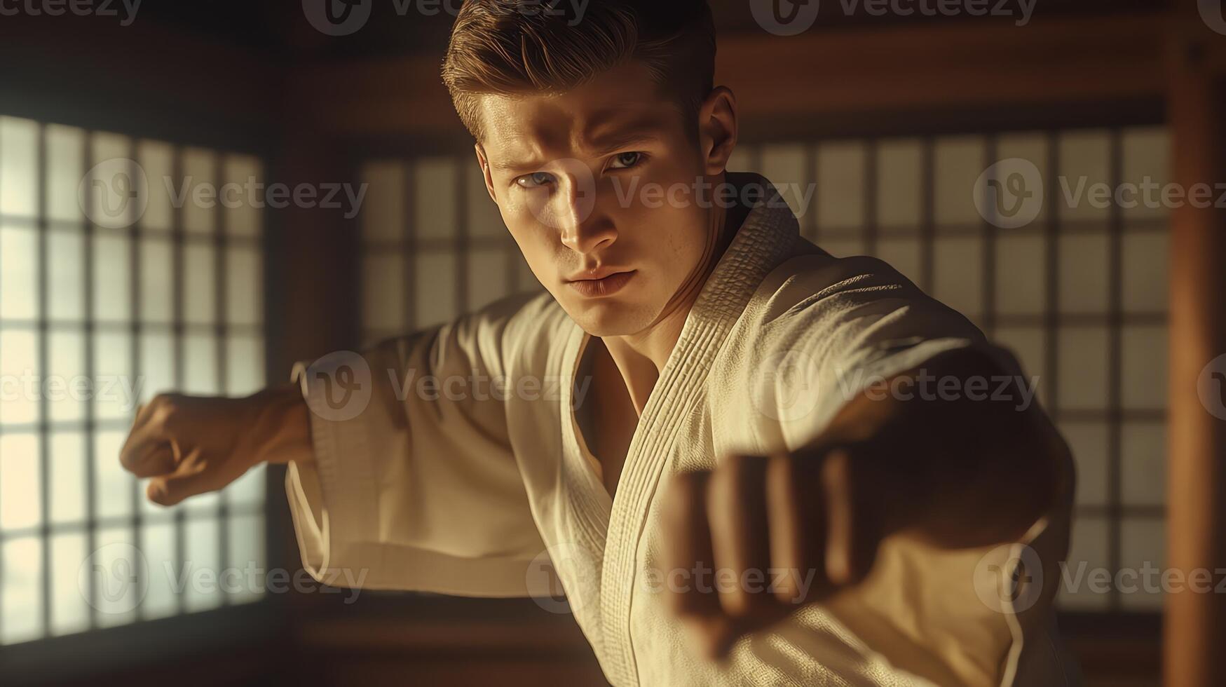 Martial artist practicing a powerful punch in a traditional dojo setting, focusing on precision and strength. photo