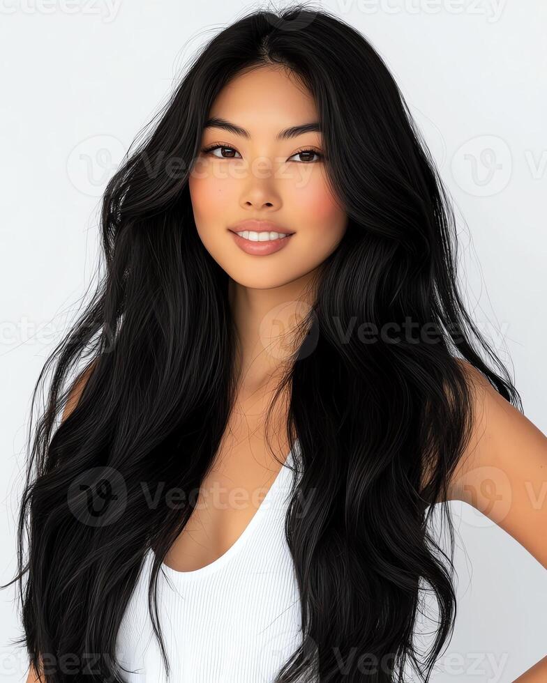 Beautiful young Asian woman with long, flowing black hair. Smiling, healthy, and radiant. photo
