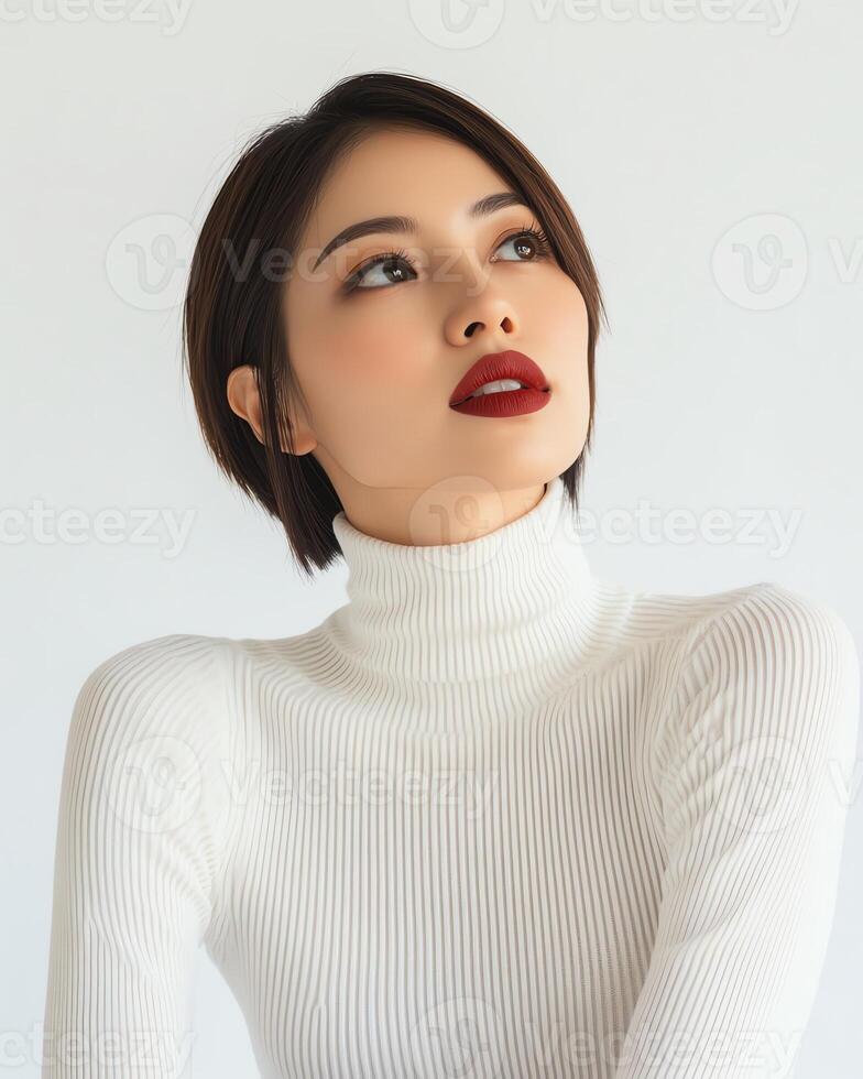 Stylish Asian woman with short bob haircut, wearing a white turtleneck sweater. Red lipstick, clean makeup. photo