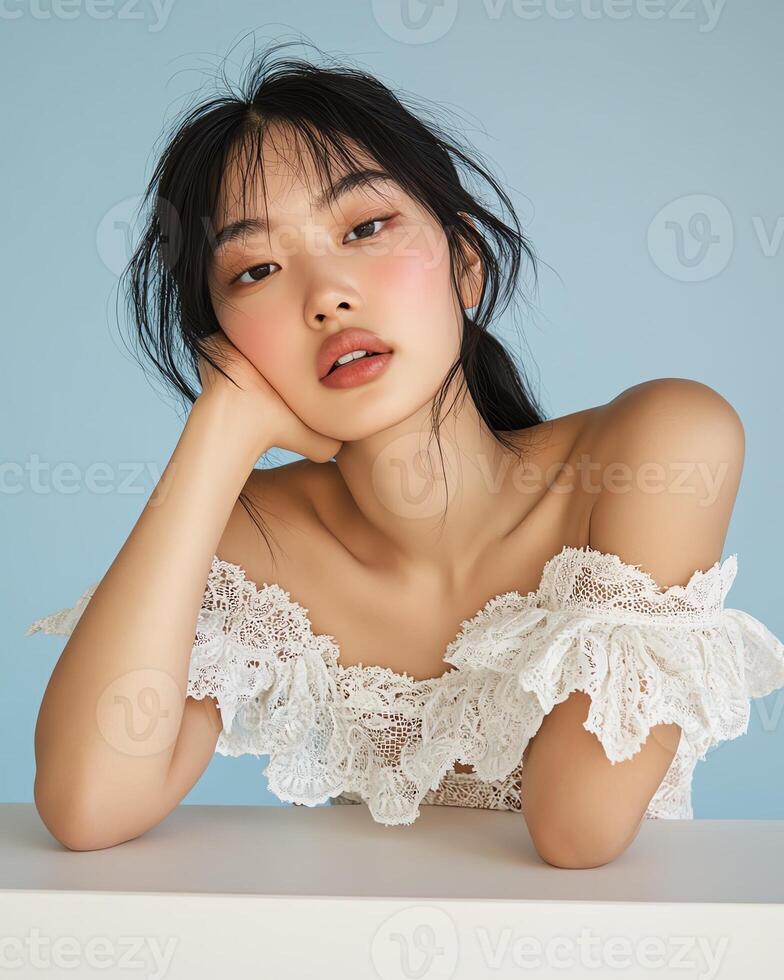 Beautiful young Asian woman with soft makeup, wearing off-shoulder lace top. Studio portrait. photo