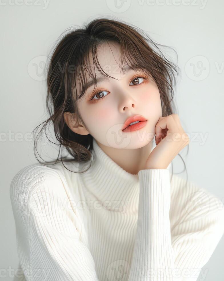 Portrait of a young woman with soft makeup and a white turtleneck sweater. Beautiful, elegant, and serene. photo