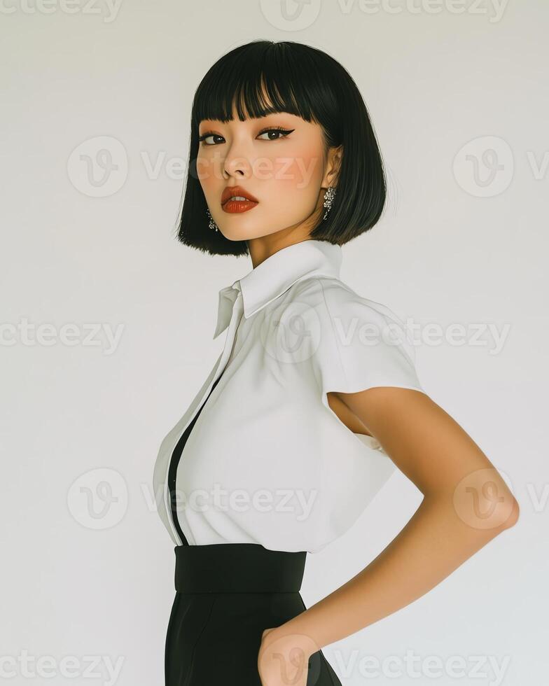 Stylish woman with bob haircut wearing a white shirt and black skirt. Professional, elegant portrait. photo