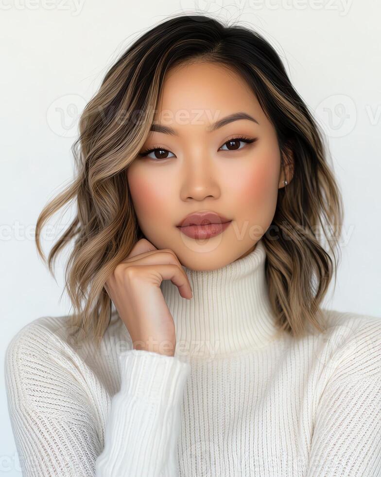 Beautiful Asian woman with shoulder-length ombre hair and subtle makeup, wearing a cream turtleneck sweater. photo