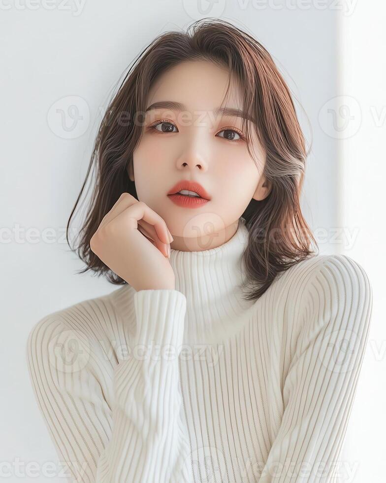 Young woman with bob haircut, wearing a white turtleneck sweater. Clean, minimalist beauty portrait. photo