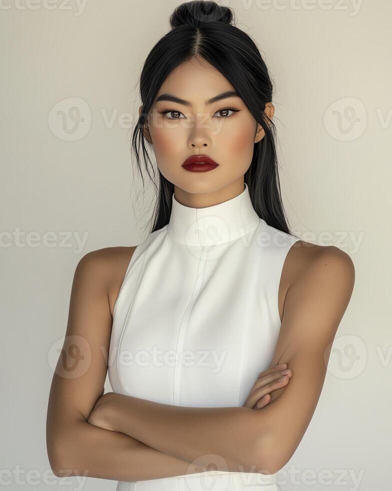 Portrait of a young Asian woman with dark hair and bold makeup, wearing a white turtleneck top. photo