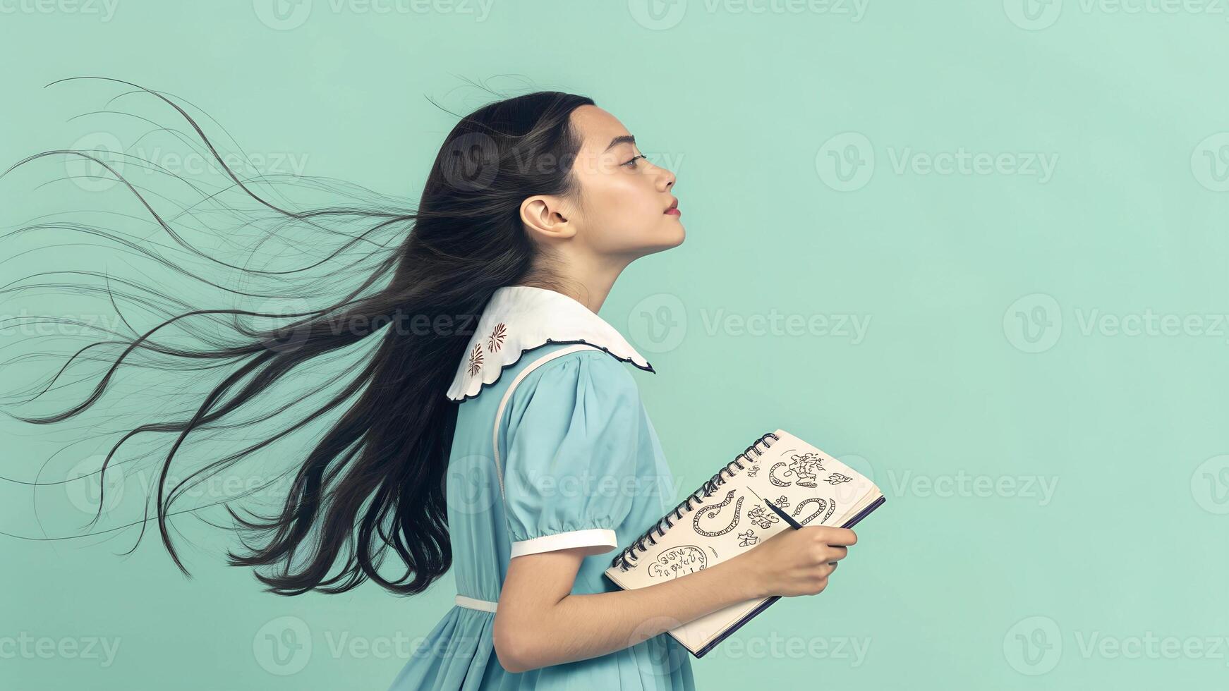 Happy Student Girl Posing on a Solid Color Background photo