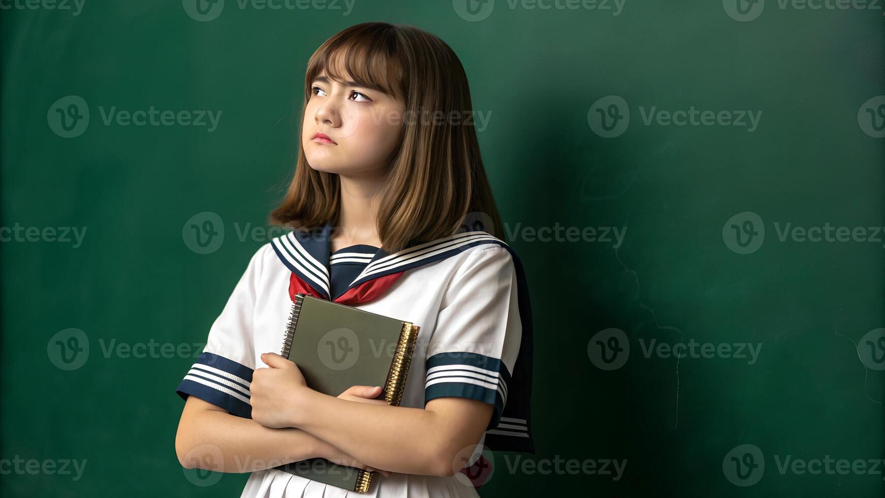 Adorable Schoolgirl Holding a Notebook Against a Simple Background photo
