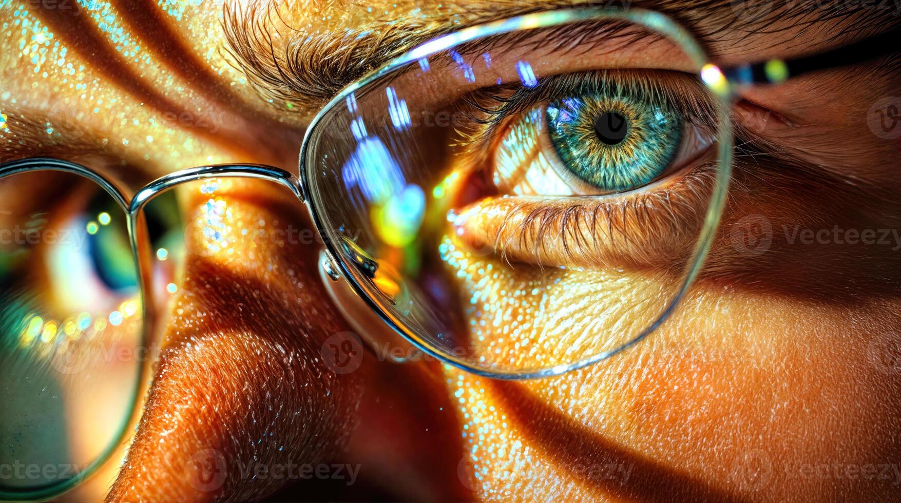 A close up of a man wearing glasses and a blue eye photo