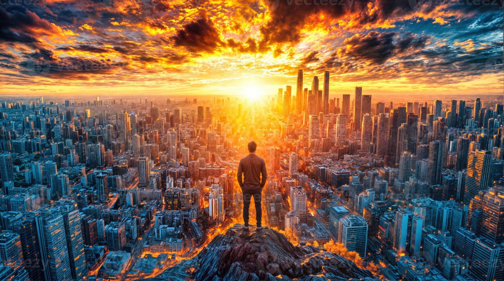 Man standing on top of a mountain looking at the city at sunset photo