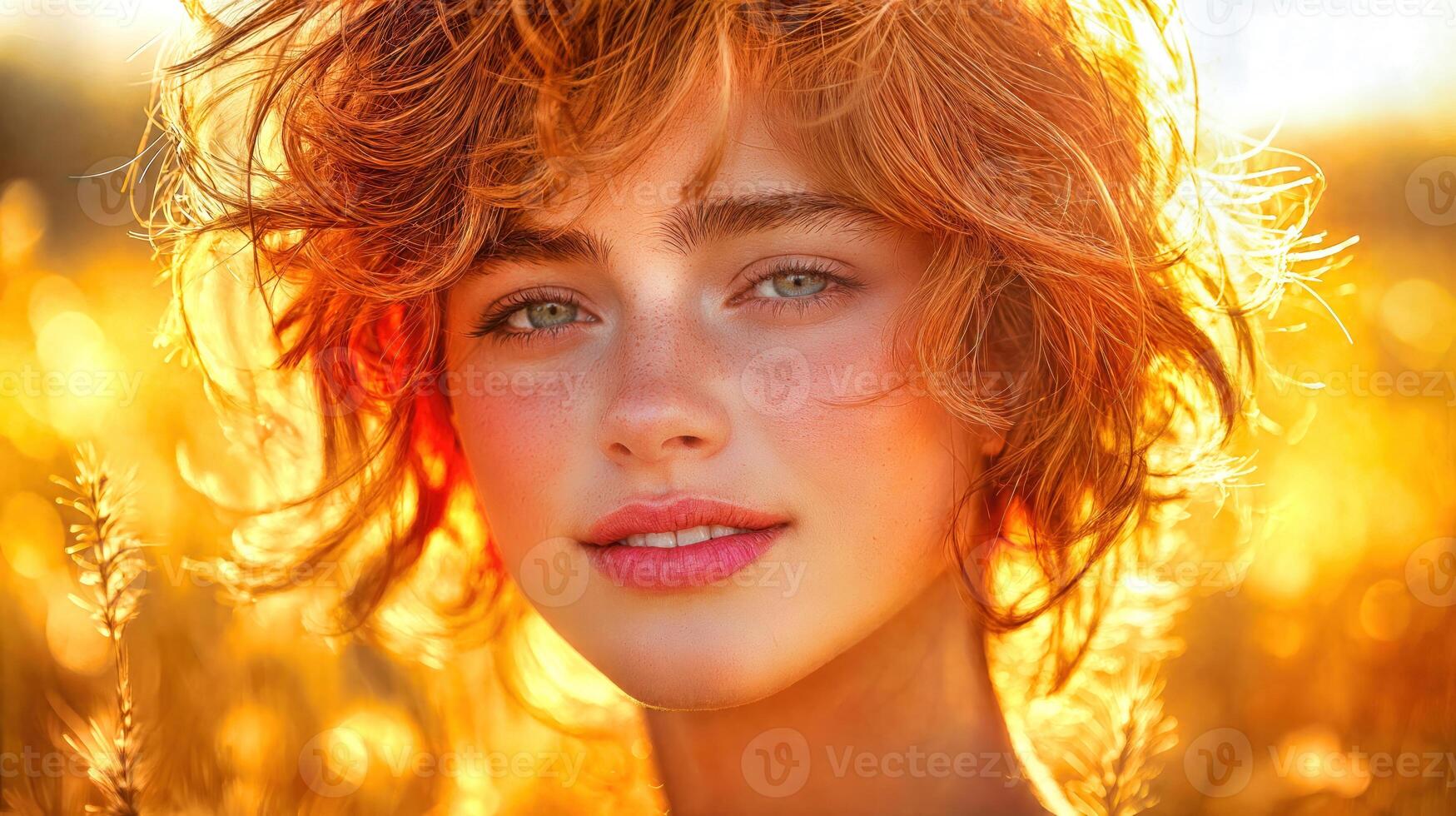 A woman with red hair in a field photo