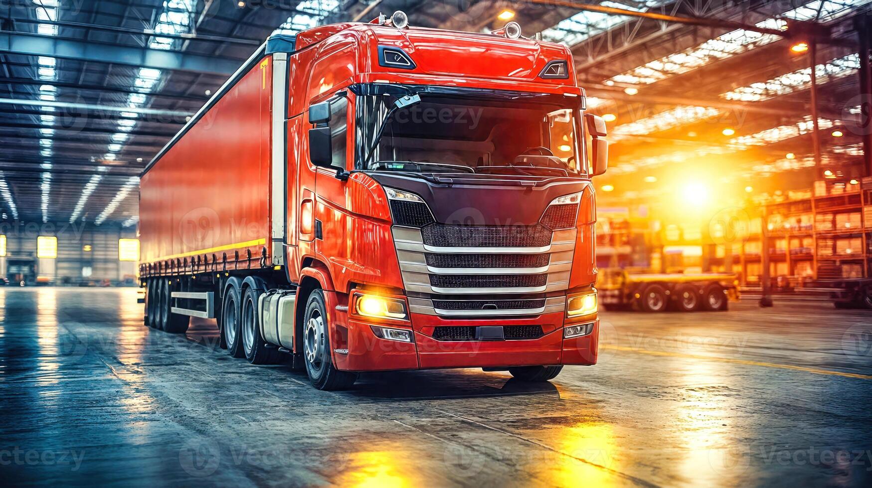 Truck with trailer in warehouse. Modern logistics hub interior with freight vehicle and lighting. Industrial transportation facility with commercial for cargo delivery photo
