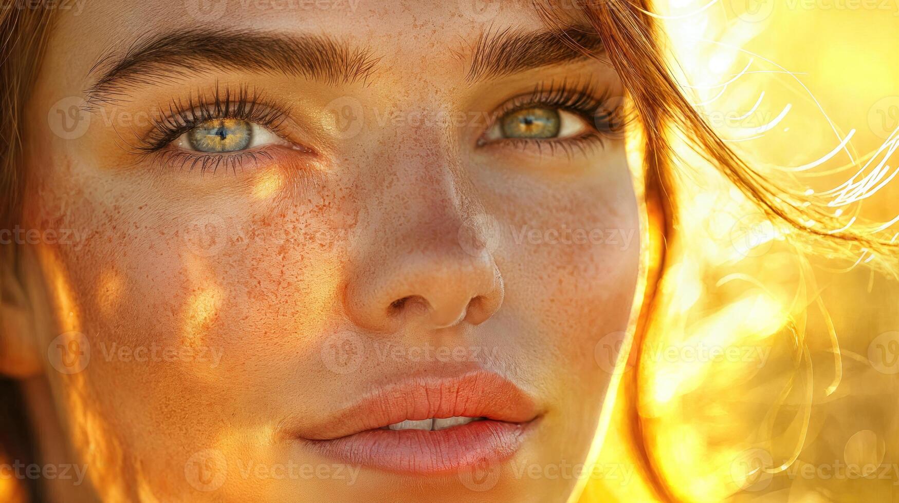 A woman with freckles and blue eyes photo